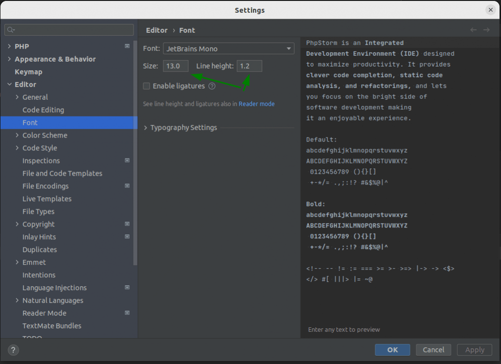 phpstorm font settings